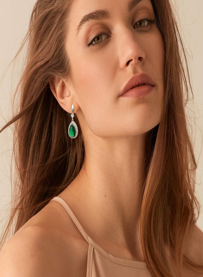 THUNARAZ Elegant Clip on Earrings for Women Sparkling Teardrop Dangle Clip Earrings Non-Pierced Green Rhinestone Cubic Zirconia Wedding Prom Jewelry Silver Tone - Image 3